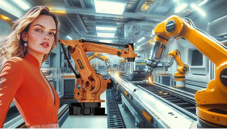 Специалист YES Robotics консультирует клиента у монитора с 3D-моделью линии.