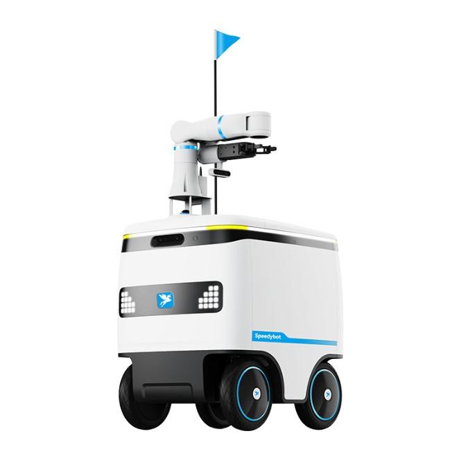 Робот-курьер SpeedyBot Omni — автономное решение для точной доставки грузов до 100 кг. Оснащен 6-осевым манипулятором