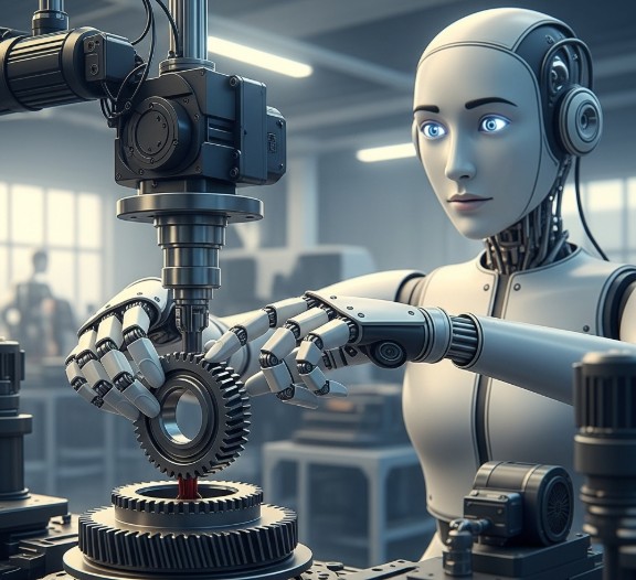 Робот на производственной линии аккуратно перемещает электронный компонент.